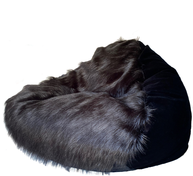 Faux Fur Premium Belgian Long 110mm pile Bean Bag in Black With Mystere Ebony Body